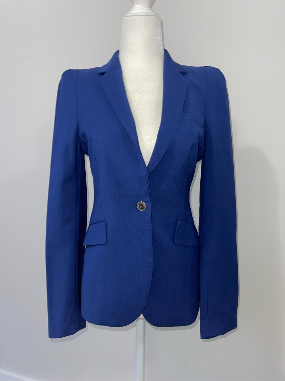 Zara Women's Cobalt Blue Wool Single-Button Blazer Padded Shoulders | XS